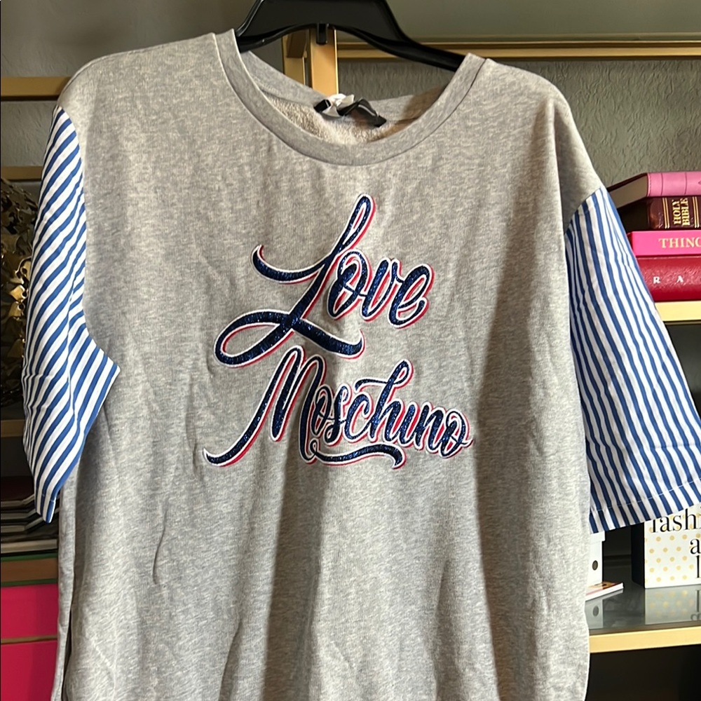 Love Moschino Gray sweatshirt, dress with Blue Striped Sleeves